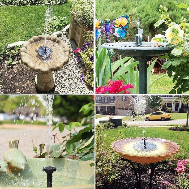 Solar-powered mini garden fountain. Elegant design, attracts birds. Easy installation, eco-friendly.