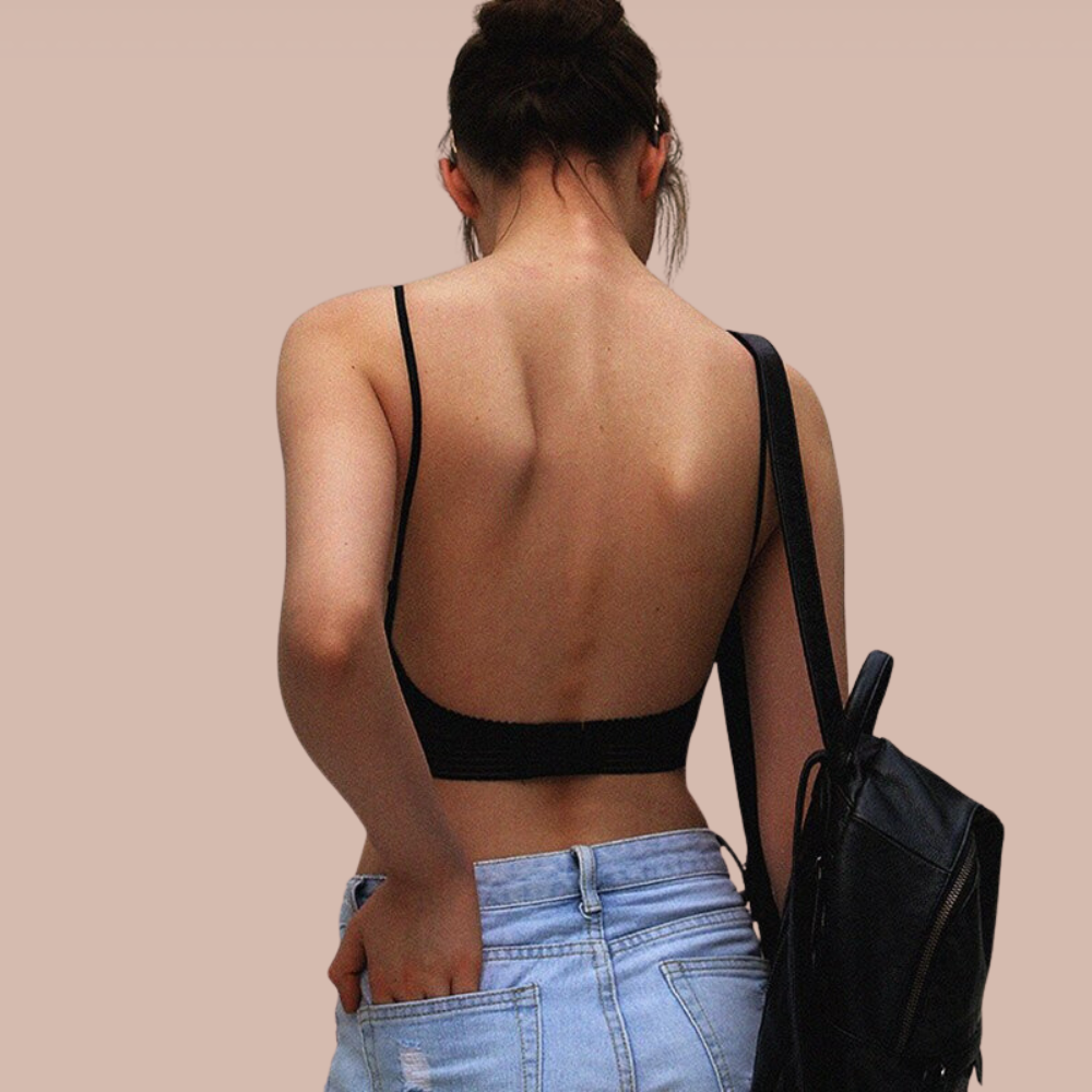 "Soutien-gorge invisible dos nu, sans armature, design élégant, idéal sous tenues dos nus, confort et style assuré."