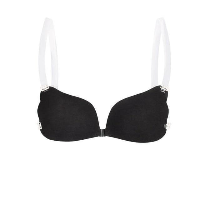 Soutien-gorge noir sans couture, bretelles transparentes, effet push-up, galbe naturel, dos-nu, lingerie élégante.