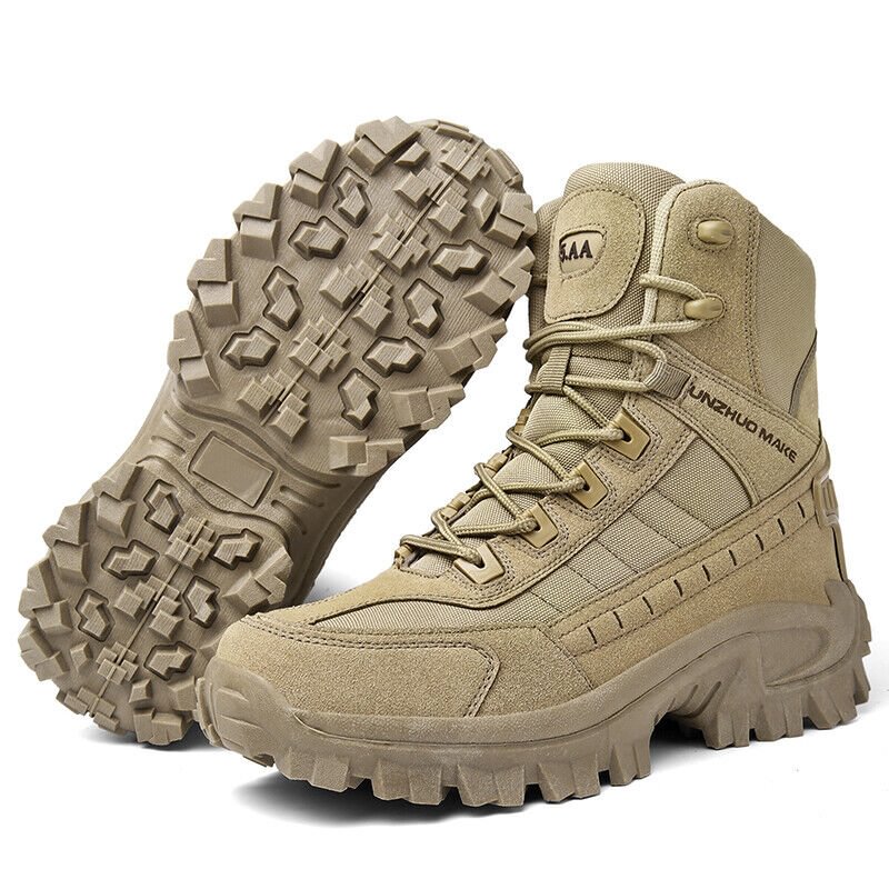 Détail: tissu et lacets des bottes tactiques hommes. Durables, pour confort et protection longue durée.
