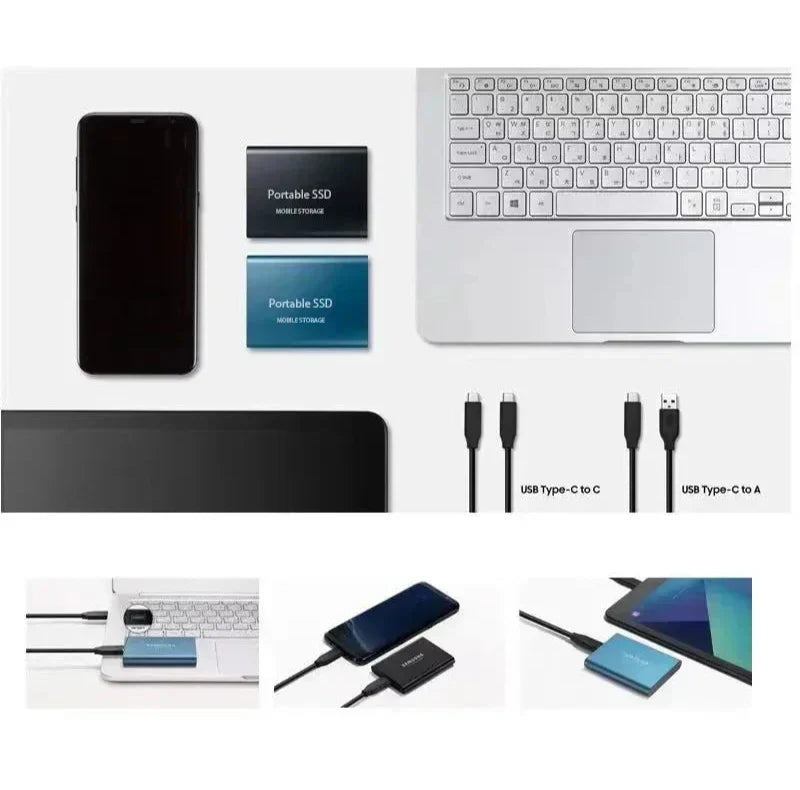 SSD externe portable, haute vitesse. Stockage rapide et fiable pour photos, vidéos et documents. Design compact et robuste.