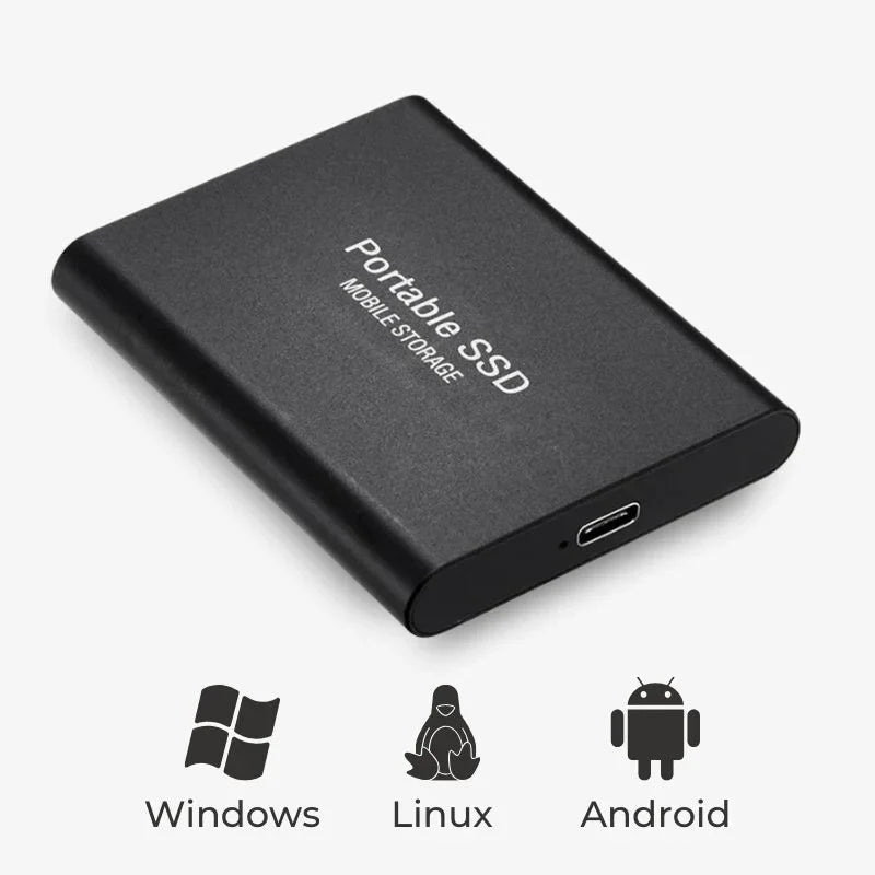 "SSD externe ultra-rapide USB-C 1TB-16TB en aluminium robuste, vue frontale, idéal pour gamers et professionnels."
