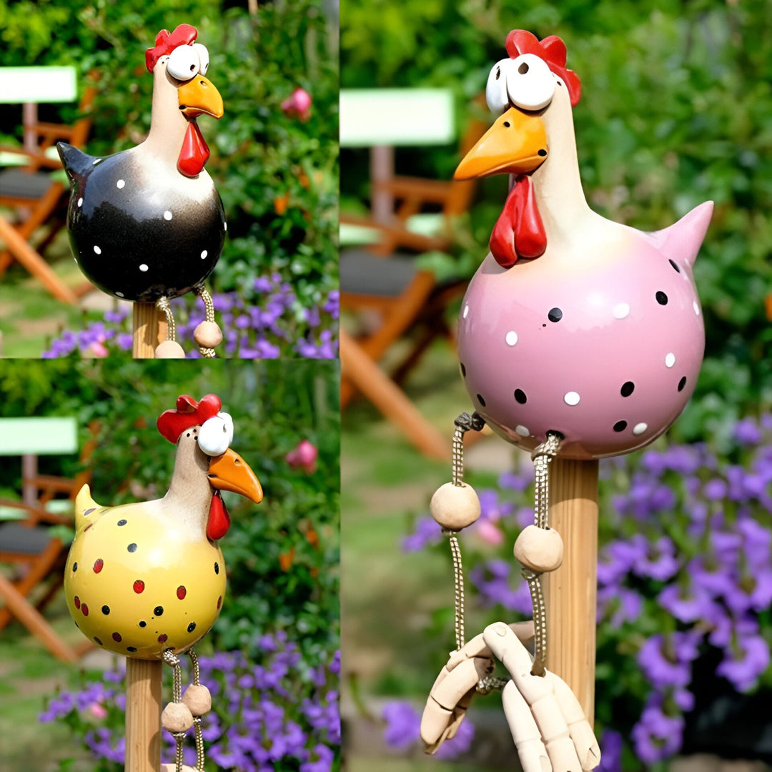 Statue poule résine, grands yeux, déco jardin, style unique.