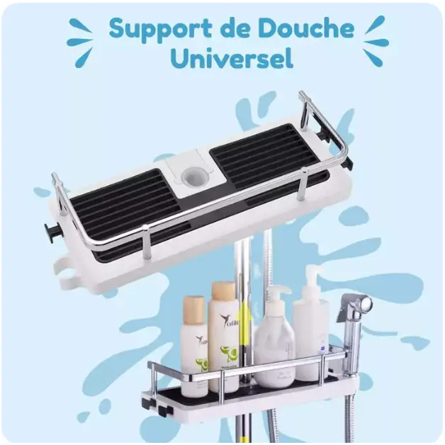 "Support de douche universel moderne blanc avec étagères et design auto-drainant, idéal pour le rangement optimal en salle de