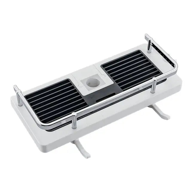 "Support de douche universel moderne blanc avec étagères et design auto-drainant, idéal pour le rangement optimal en salle de