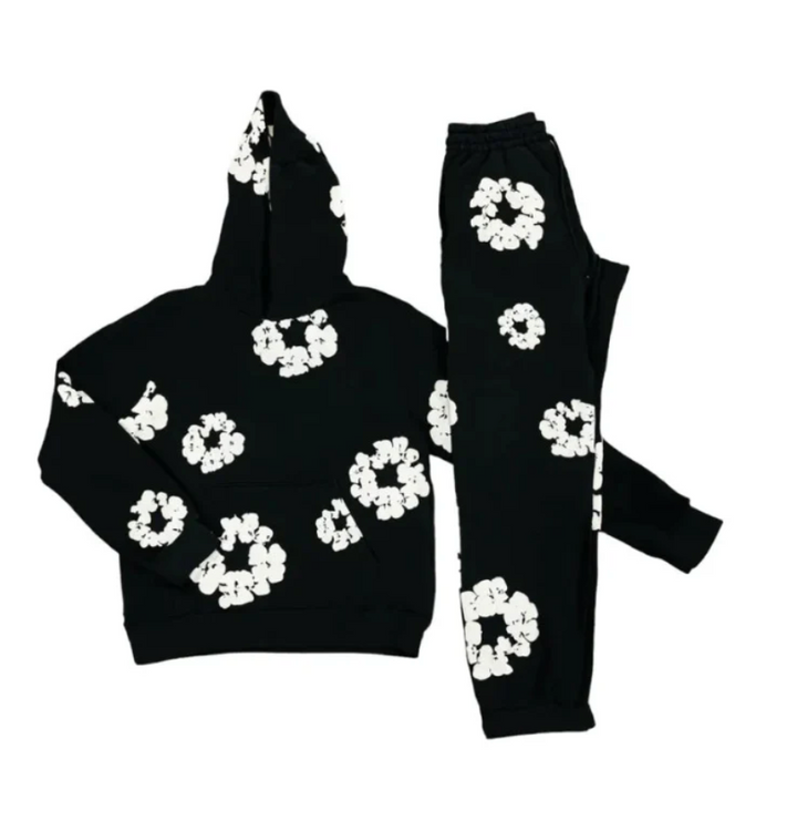 Ensemble survêtement floral unisexe iconique, parfait pour la mode automne décontractée.