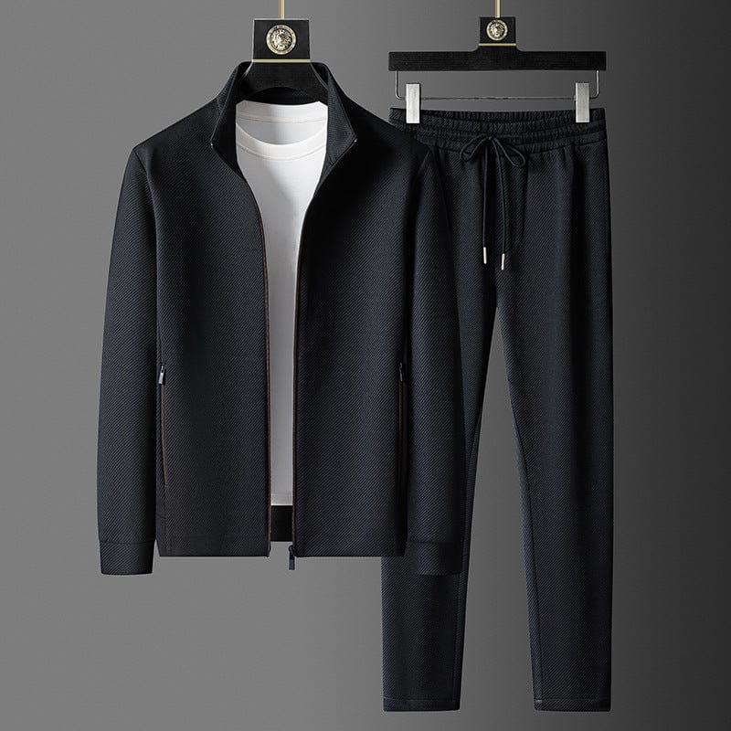 Survêtement homme élégant noir en polyester, veste zippée et pantalon ajusté pour sport et décontracté.