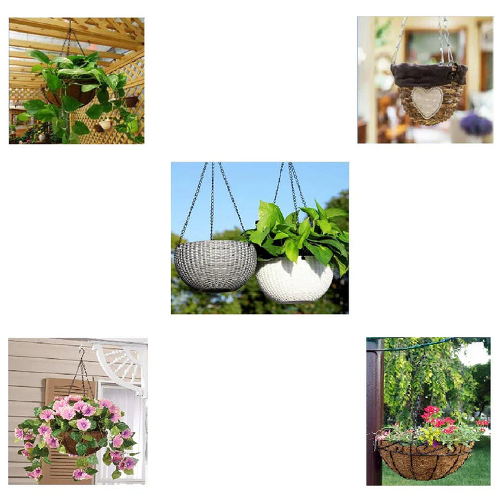 "Suspension à chaînes robuste pour plantes en métal, idéale pour pots de fleurs, décore élégamment jardin et balcon."