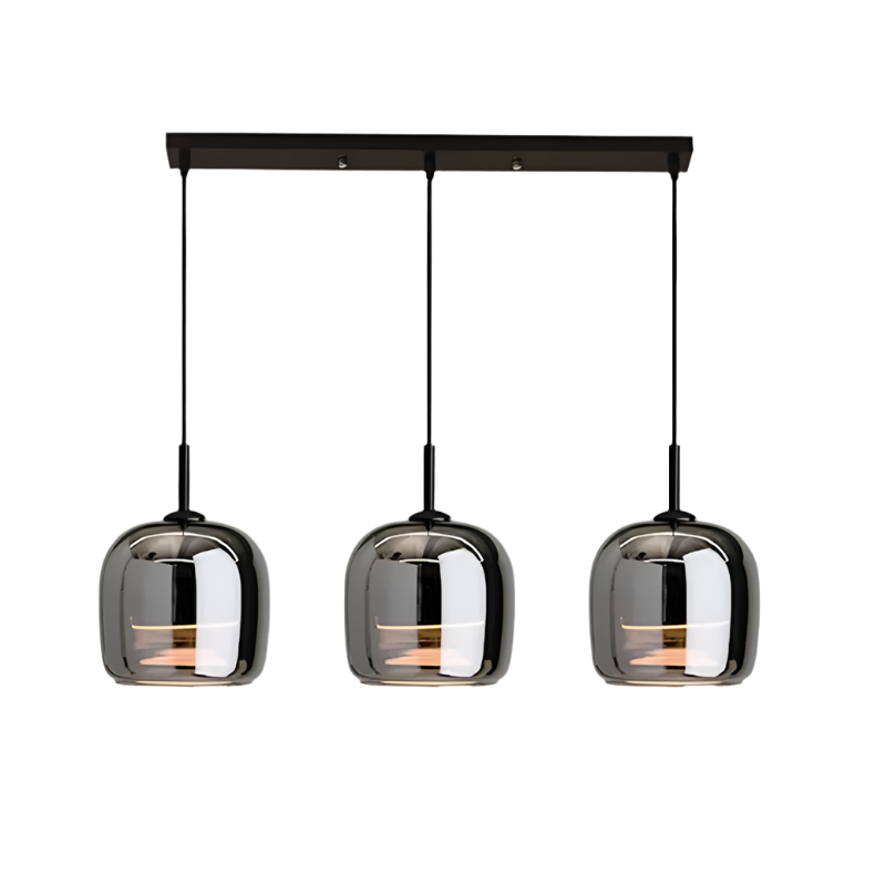 Suspension design moderne, verre noir, luminaire intérieur, style nordique. Éclairage élégant et tamisé.