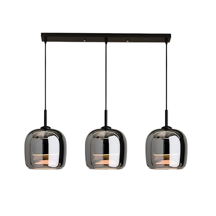 Suspension design moderne, verre noir, luminaire intérieur, style nordique. Éclairage élégant et tamisé.