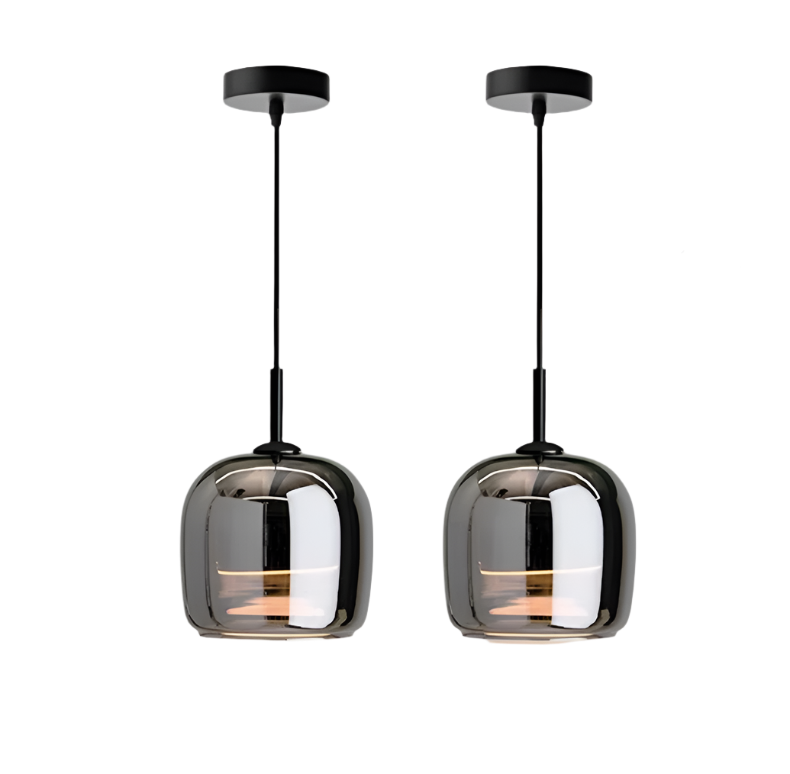 Suspension design moderne, verre noir, luminaire intérieur, style nordique. Éclairage élégant et tamisé.