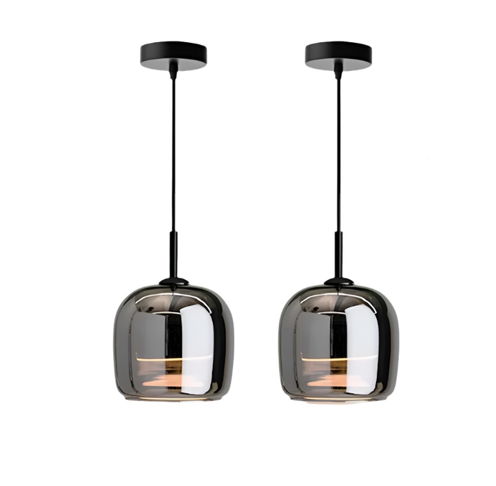 Suspension design moderne, verre noir, luminaire intérieur, style nordique. Éclairage élégant et tamisé.