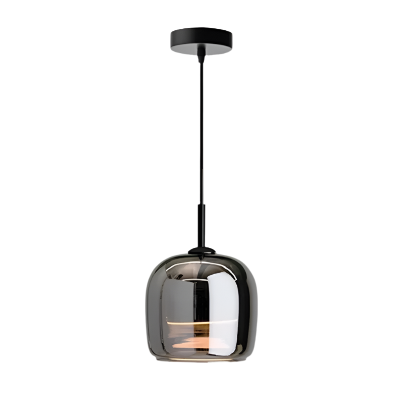 Suspension design moderne, verre noir, luminaire intérieur, style nordique. Éclairage élégant et tamisé.