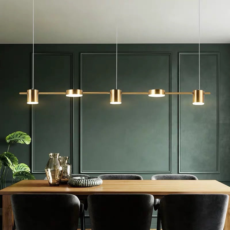 Suspension élégante noire/or en aluminium avec éclairage LED moderne, 3 ou 5 lumières, idéale pour intérieur contemporain.
