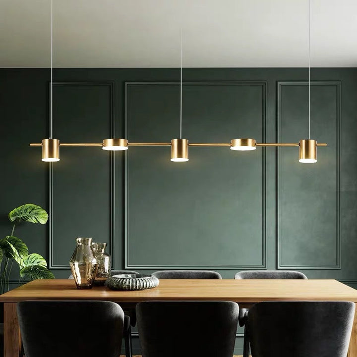 Suspension élégante noire/or en aluminium avec éclairage LED moderne, 3 ou 5 lumières, idéale pour intérieur contemporain.