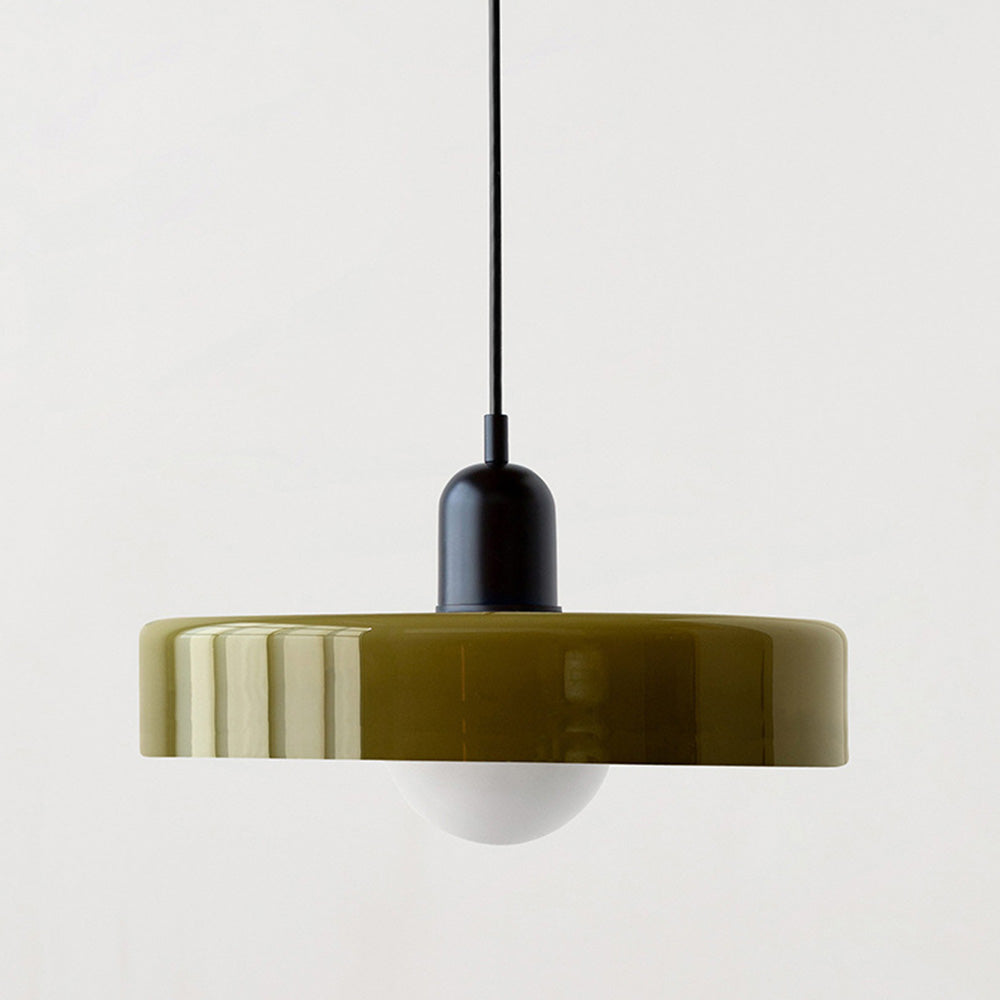 Suspension luminaire Bauhaus, verre coloré, design artistique, lumière douce.