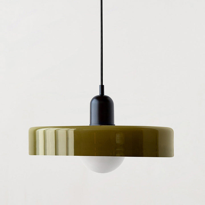 Suspension luminaire Bauhaus, verre coloré, design artistique, lumière douce.