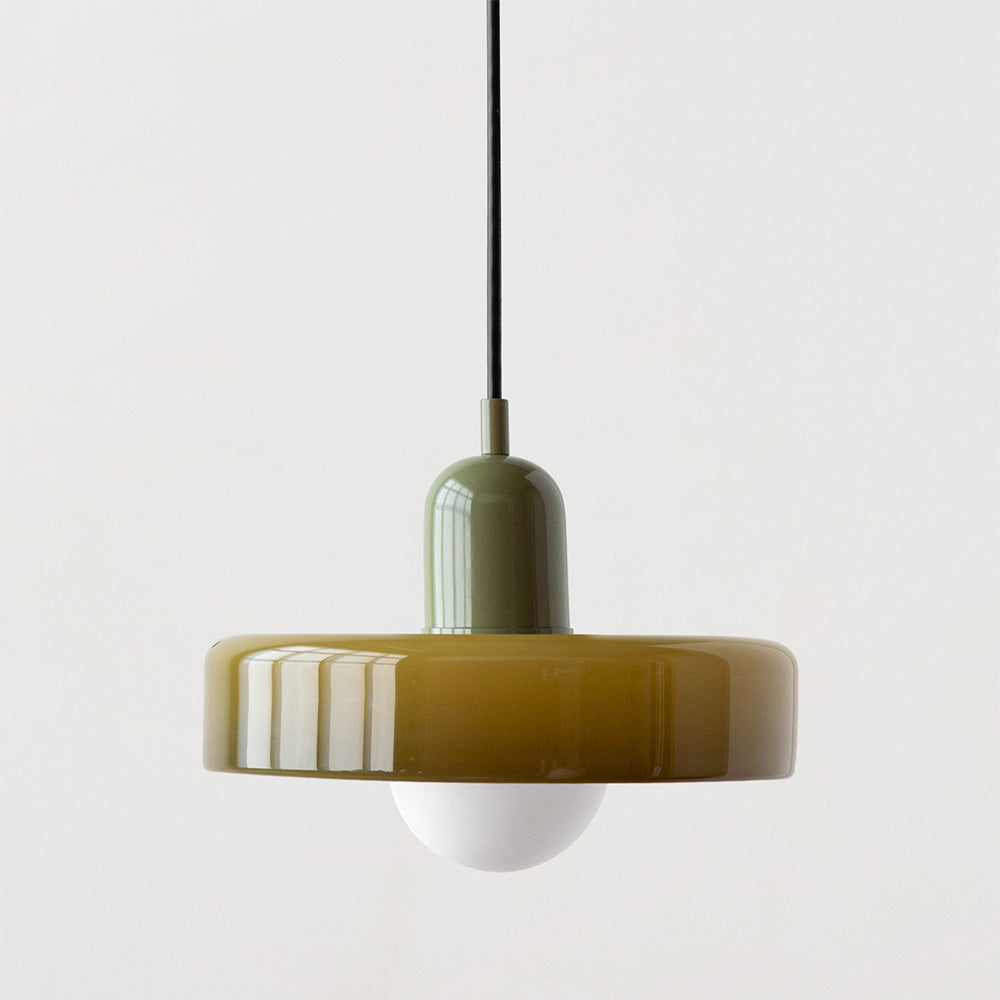 Suspension luminaire Bauhaus, verre coloré, design artistique, lumière douce.