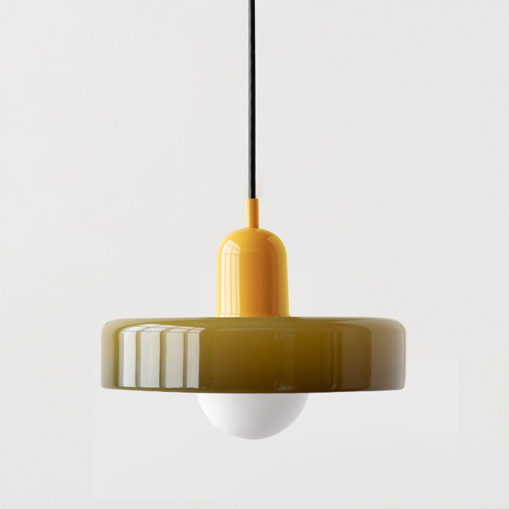 Suspension luminaire Bauhaus, verre coloré, design artistique, lumière douce.