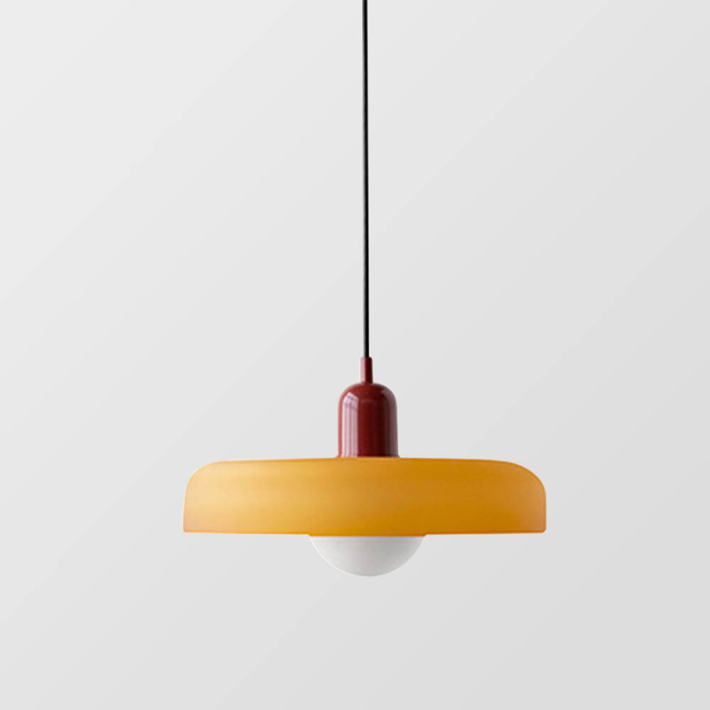 Suspension luminaire Bauhaus, verre coloré, design artistique, lumière douce.