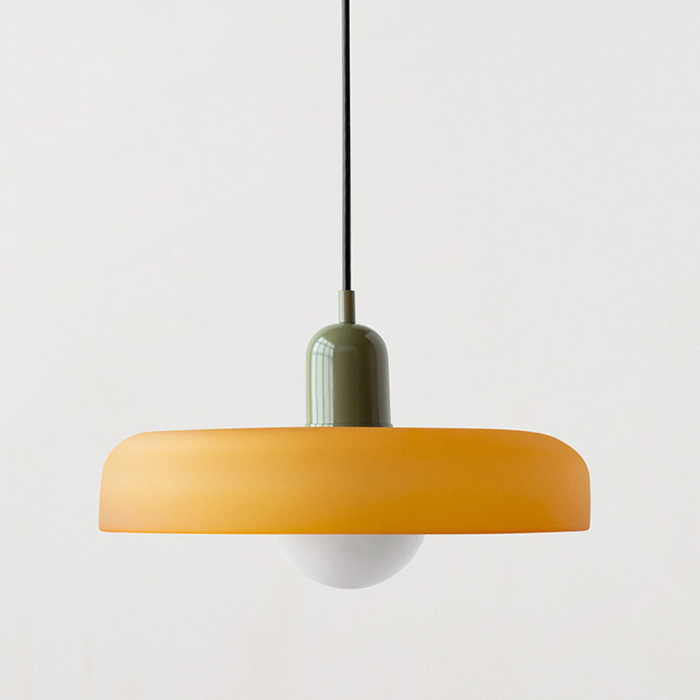 Suspension luminaire Bauhaus, verre coloré, design artistique, lumière douce.