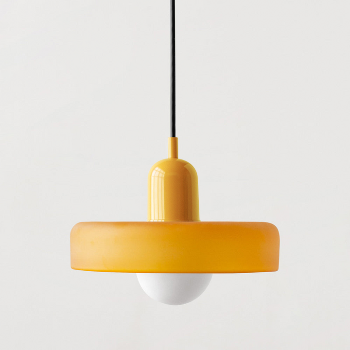 Suspension luminaire Bauhaus, verre coloré, design artistique, lumière douce.