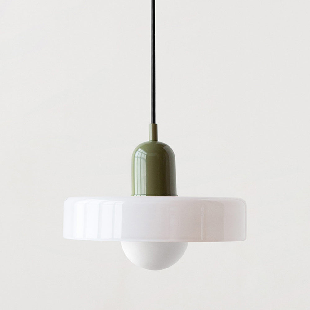 Suspension luminaire Bauhaus, verre coloré, design artistique, lumière douce.