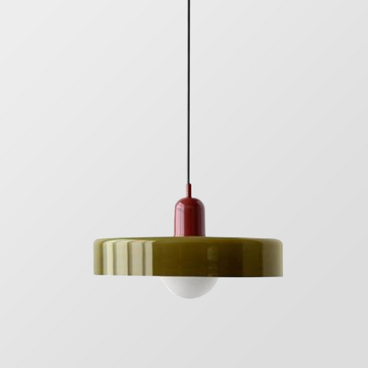 Suspension luminaire Bauhaus, verre coloré, design artistique, lumière douce.