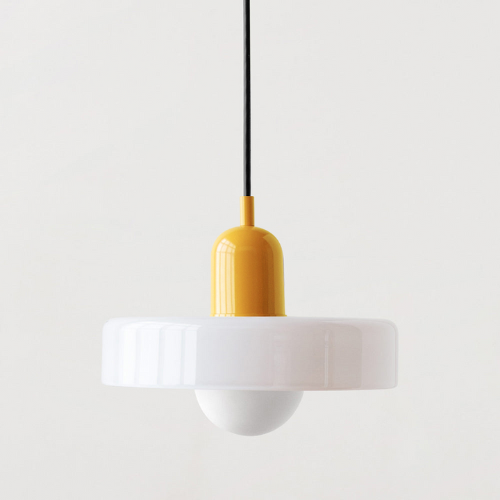 Suspension luminaire Bauhaus, verre coloré, design artistique, lumière douce.
