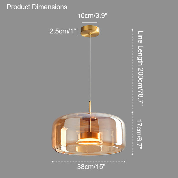 Suspension lumineuse en verre soufflé, design élégant et moderne.  Luminaire intérieur, forme tambour, ambiance chaleureuse.