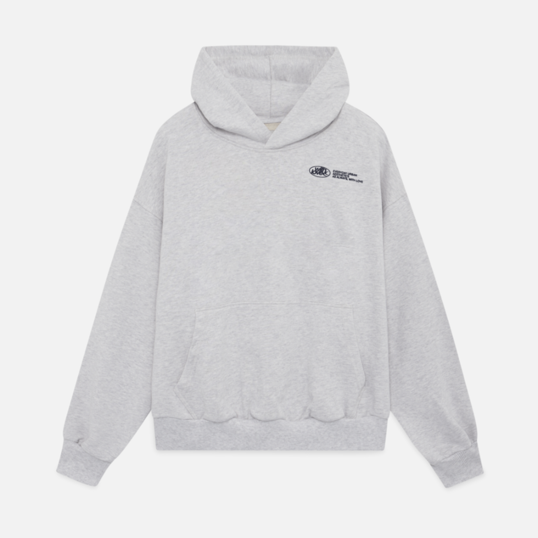 Sweat à capuche gris chiné, coton bio, coupe ample, style minimaliste.