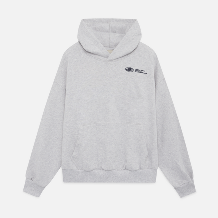 Sweat à capuche gris chiné, coton bio, coupe ample, style minimaliste.