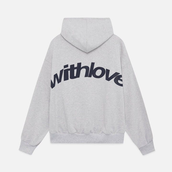 Sweat à capuche gris chiné, coton bio, coupe ample, style minimaliste.