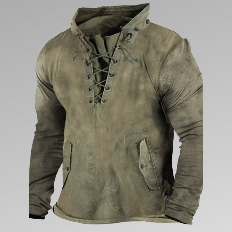 "Sweat à capuche homme robuste, style usé, détails laçage frontal, poches latérales, tissu doux et durable, mode décontractée