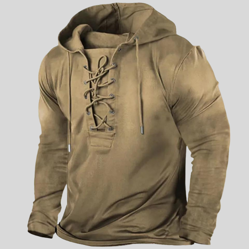 "Sweat à capuche homme robuste, style usé, détails laçage frontal, poches latérales, tissu doux et durable, mode décontractée