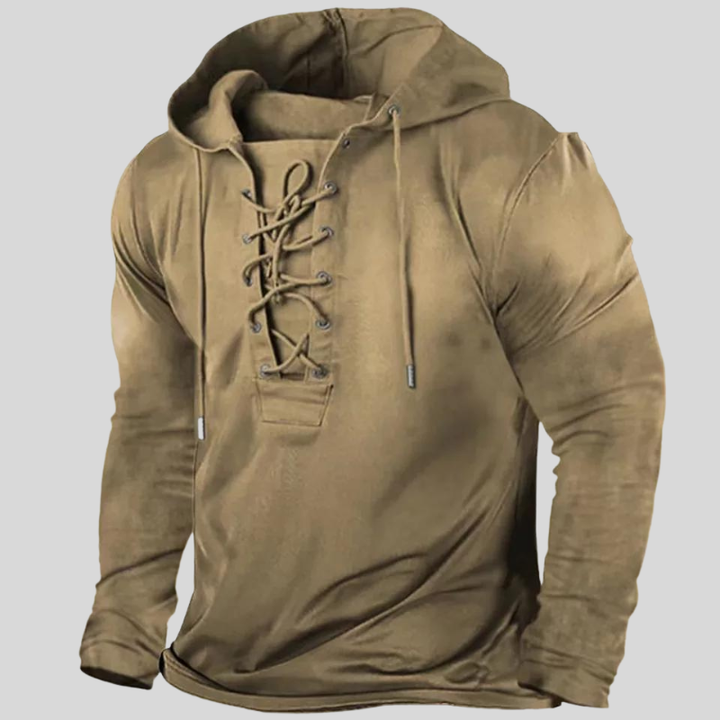 "Sweat à capuche homme robuste, style usé, détails laçage frontal, poches latérales, tissu doux et durable, mode décontractée