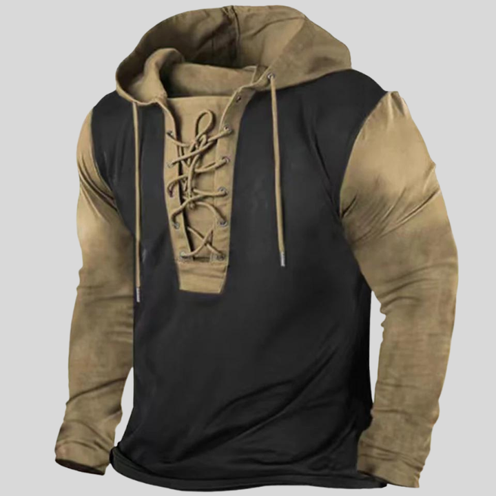 "Sweat à capuche homme robuste, style usé, détails laçage frontal, poches latérales, tissu doux et durable, mode décontractée