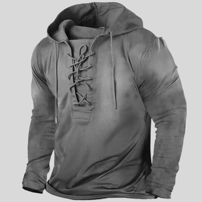 "Sweat à capuche homme robuste, style usé, détails laçage frontal, poches latérales, tissu doux et durable, mode décontractée