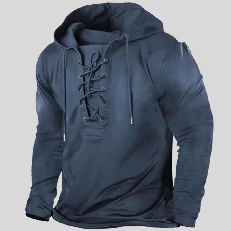 "Sweat à capuche homme robuste, style usé, détails laçage frontal, poches latérales, tissu doux et durable, mode décontractée