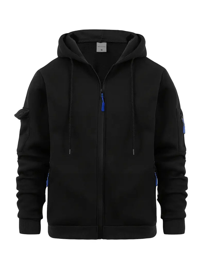 Sweat à capuche zippé, poches multiples, style urbain. Coupe moderne et confortable.