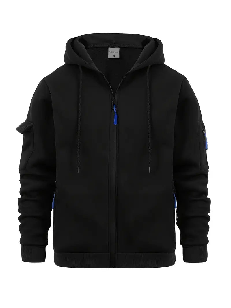 Sweat à capuche zippé, poches multiples, style urbain. Coupe moderne et confortable.