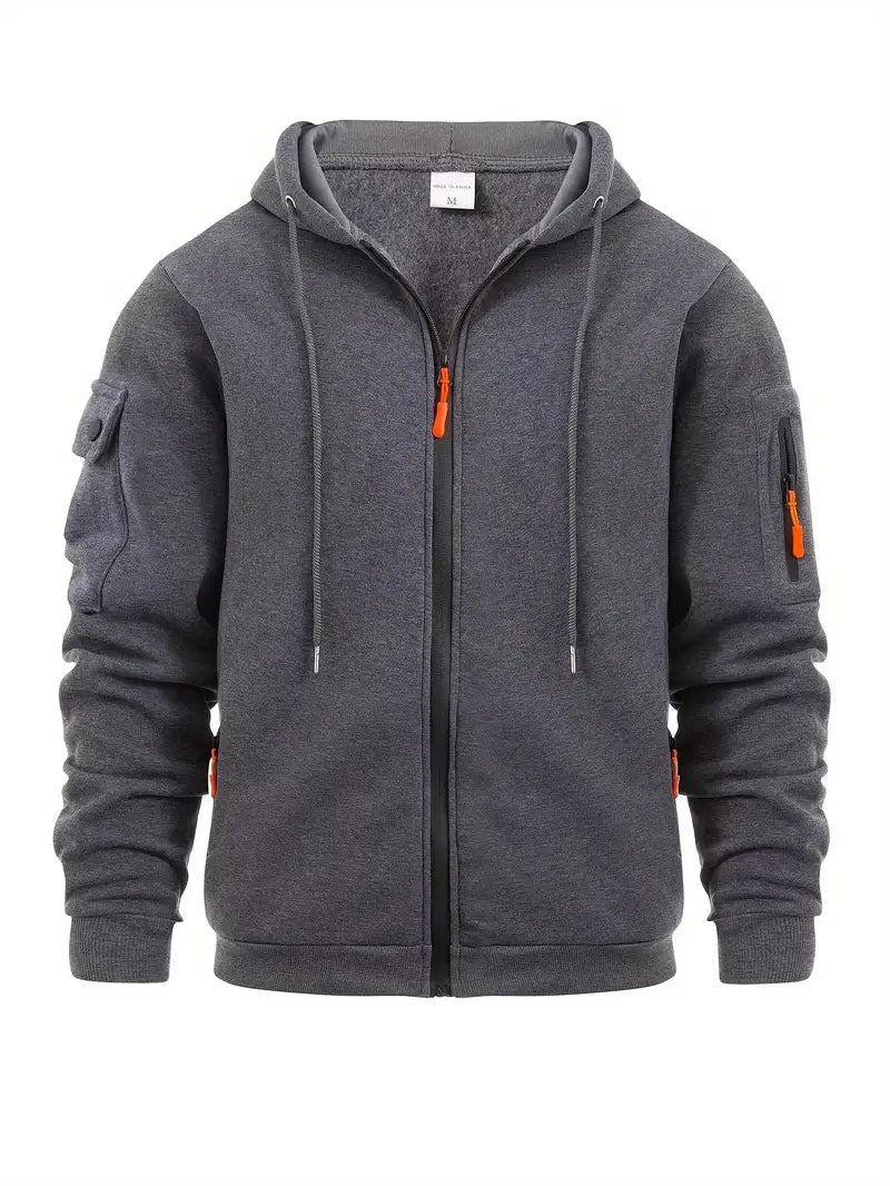 Sweat à capuche zippé, poches multiples, style urbain. Coupe moderne et confortable.