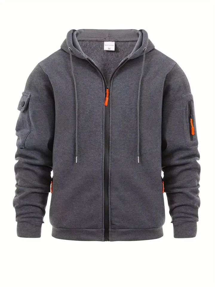 Sweat à capuche zippé, poches multiples, style urbain. Coupe moderne et confortable.