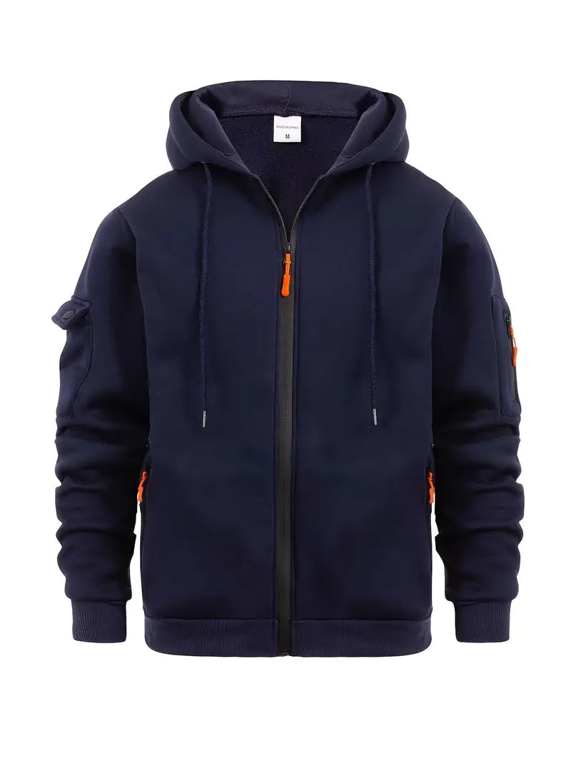 Sweat à capuche zippé, poches multiples, style urbain. Coupe moderne et confortable.