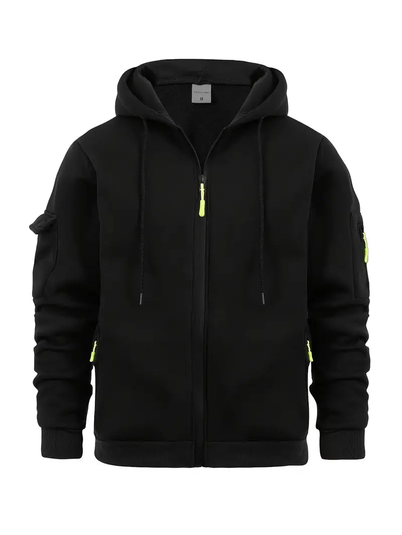 Sweat à capuche zippé, poches multiples, style urbain. Coupe moderne et confortable.