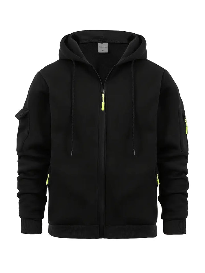 Sweat à capuche zippé, poches multiples, style urbain. Coupe moderne et confortable.
