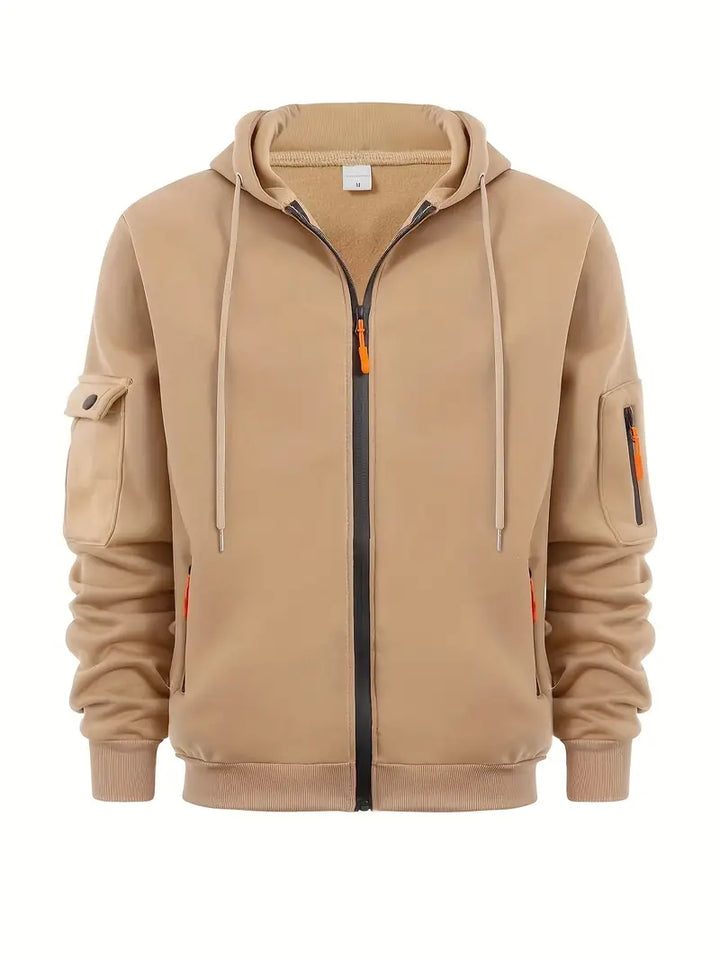 Sweat à capuche zippé, poches multiples, style urbain. Coupe moderne et confortable.