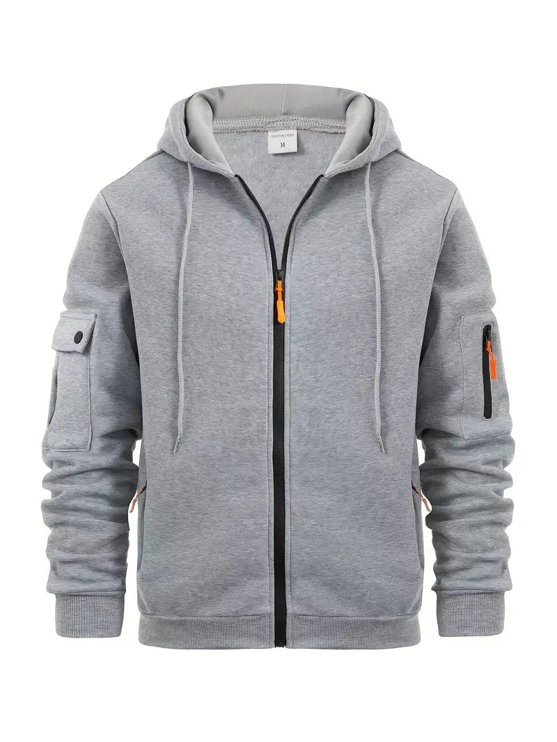 Sweat à capuche zippé, poches multiples, style urbain. Coupe moderne et confortable.