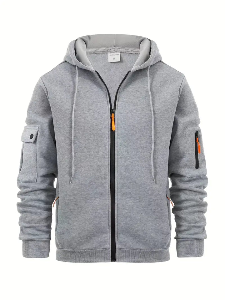 Sweat à capuche zippé, poches multiples, style urbain. Coupe moderne et confortable.