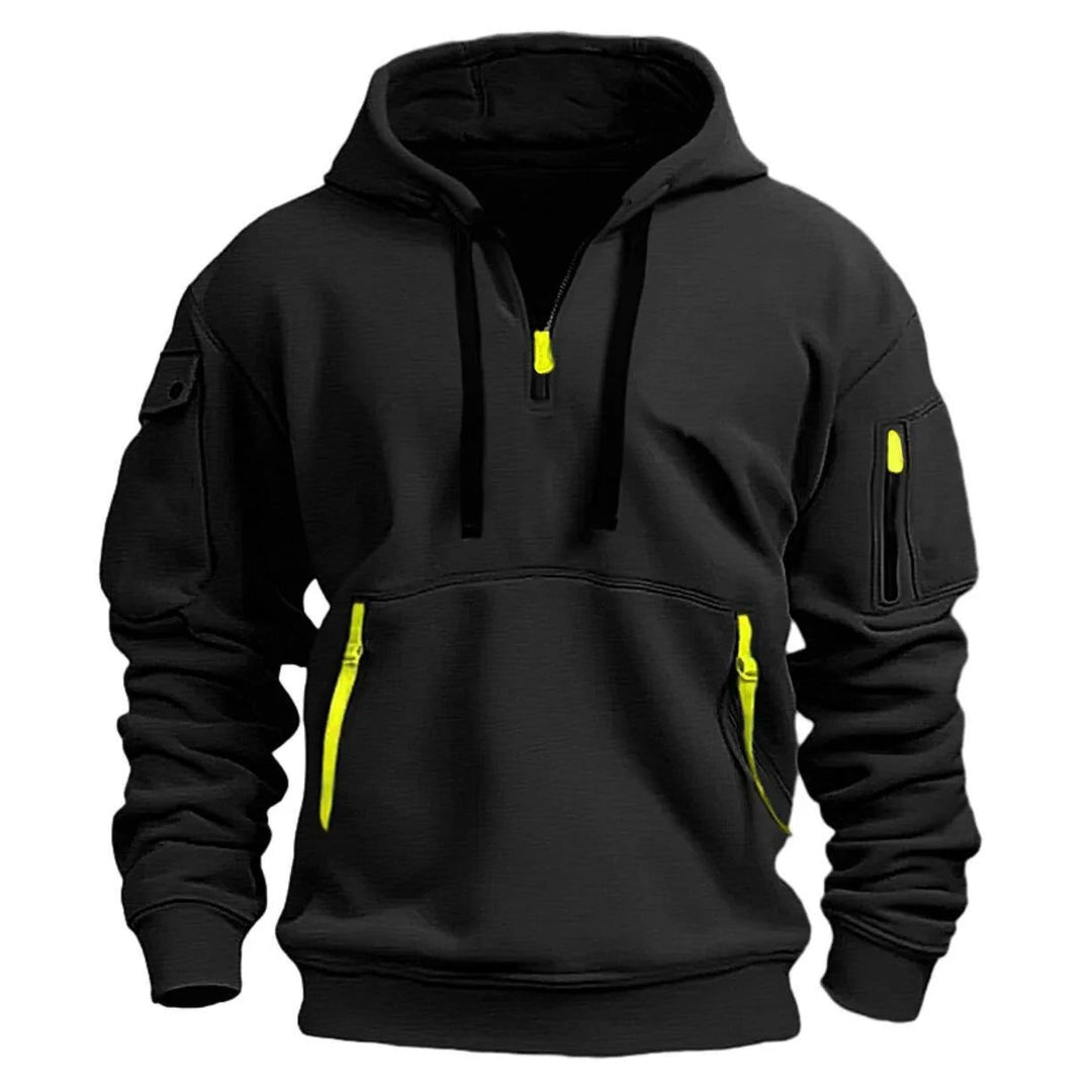 Sweat à capuche homme demi-zip moderne, confortable et élégant, parfait pour un look décontracté et stylé.